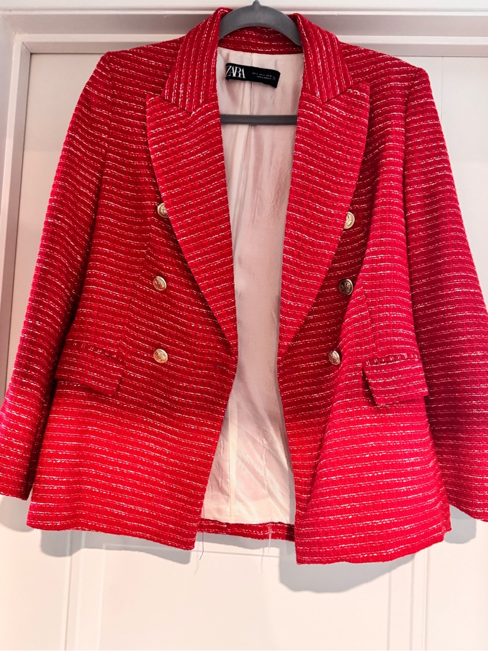 Zara Bright Red Double-Breasted Tweed Blazer with Gold Buttons